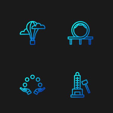 Set line Striker attraction with hammer, Juggling ball, Hot air balloon and Roller coaster. Gradient color icons. Vector