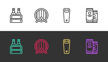 Set line Pack of beer bottles, Wooden barrel, Bottle opener and Beer can on black and white. Vector