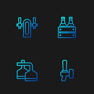 Set line Beer tap, brewing process,  and Pack of beer bottles. Gradient color icons. Vector