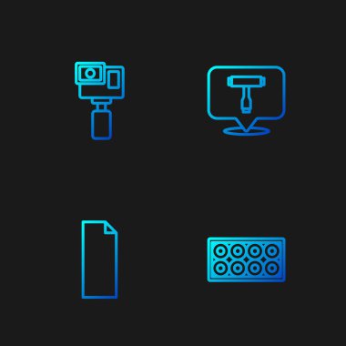 Set line Skateboard wheel, Grip tape on skateboard, Action camera and T tool. Gradient color icons. Vector