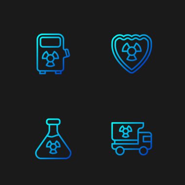 Set line Truck with radiation materials, Test tube, Electric car charging station and Radioactive shield. Gradient color icons. Vector