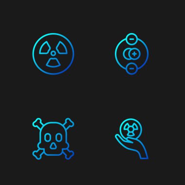 Set line Radioactive, Bones and skull warning,  and Atom. Gradient color icons. Vector