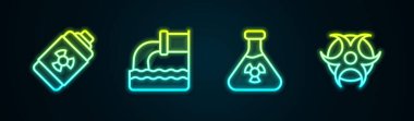 Set line Nuclear energy battery, Wastewater, Test tube radiation and Biohazard symbol. Glowing neon icon. Vector