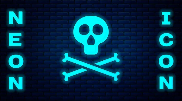 Glowing Neon Bones Skull Sign Toxicity Warning Icon Isolated Brick — Stock Vector