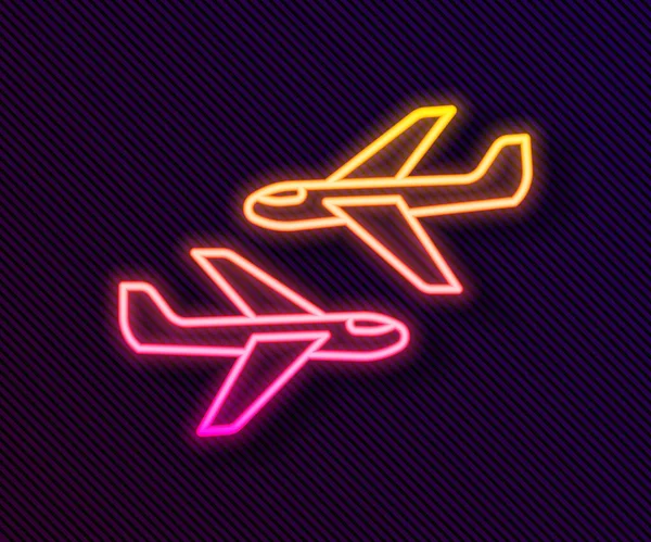 发光的霓虹灯线平面图标孤立在黑色背景 飞行的飞机图标 航空公司的标志 — 图库矢量图片
