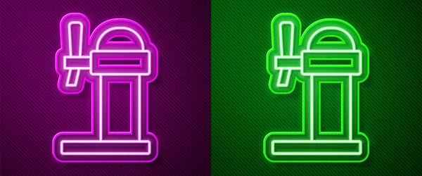 Glowing Neon Line Dispenser Beer Icon Isolated Purple Green Background — Vector de stock