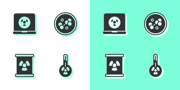 Ställ Meteorologi Termometer Nuclear Laptop Radioaktivt Avfall Fat Och Molecule — Stock vektor