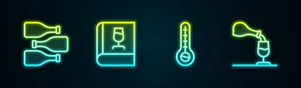Set Line Bottles Wine Book Meteorology Thermometer Wine Tasting Degustation — Stock Vector