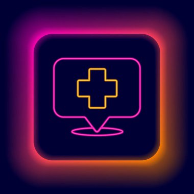 Siyah arkaplanda hastane simgesi olan parıldayan neon hattı tıbbi harita işaretçisi. Renkli taslak konsepti. Vektör