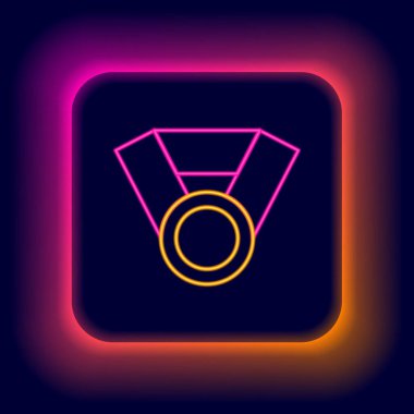 Parlayan neon çizgi simgesi siyah arkaplanda izole edildi. Kazanan başarı işareti. Ödül madalyası. Renkli taslak konsepti. Vektör