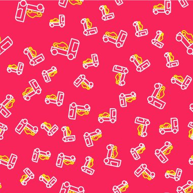 Araç simgesinin taşınması için Line Car taşıyıcı kamyonu kırmızı arka planda izole edilmiş. Vektör