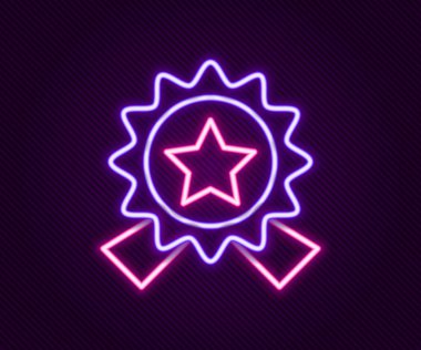 Siyah zemin üzerinde yıldız simgesi olan parlak neon çizgisi madalyası. Kazanan başarı işareti. Ödül madalyası. Renkli taslak konsepti. Vektör