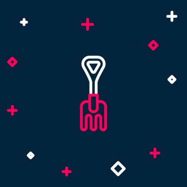 Çizgi Bahçesi tırmık simgesi mavi arkaplanda izole edildi. Bahçecilik, tarım, çiftçilik aleti. Toprak işçisi. Renkli taslak konsepti. Vektör