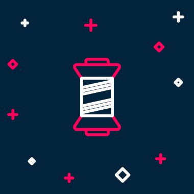 Mavi arkaplanda izole edilmiş makara simgesine çizgi dikiş ipliği. İplik makarası. İplik kutusu. Renkli taslak konsepti. Vektör