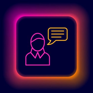 Parlayan neon hattı konuşma balonu sohbet simgesi siyah arkaplanda izole edildi. İleti simgesi. İletişim ya da yorum sohbet sembolü. Renkli taslak konsepti. Vektör