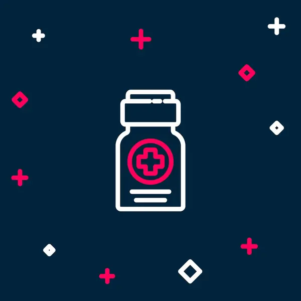 Linia Medycyna butelka ikona izolowane na niebieskim tle. Tabliczka z tabletkami. Projekt apteki. Kolorowy koncept. Wektor — Wektor stockowy