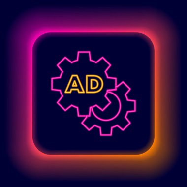 Parlayan neon hattı reklam simgesi siyah arkaplanda izole edildi. Pazarlama ve tanıtım süreci kavramı. İlgili reklamlar. Sosyal medya reklamcılığı. Renkli taslak konsepti. Vektör