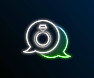 Parlak neon çizgili elmas nişan yüzüğü simgesi siyah arkaplanda izole edildi. Renkli taslak konsepti. Vektör