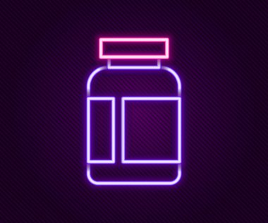 Parlayan neon hattı Spor beslenme vücut geliştirme protein enerji içeceği ve siyah arka planda izole edilmiş yiyecek ikonu. Renkli taslak konsepti. Vektör