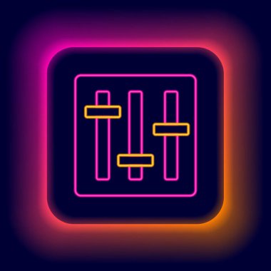 Parlayan neon hattı Ses Karıştırıcı simgesi siyah arkaplanda izole edildi. DJ ekipman kaydırma düğmeleri. Konsol karıştırılıyor. Renkli taslak konsepti. Vektör