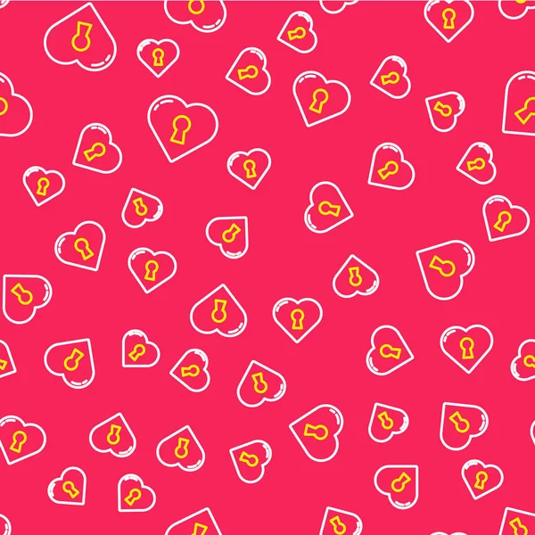 Line Heart mit Schlüssellochsymbol isoliert nahtlose Muster auf rotem Hintergrund. Verschlossenes Herz. Liebessymbol und Schlüssellochzeichen. Vektor — Stockvektor