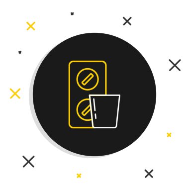 Kabarcık torbası ikonundaki çizgi hapları beyaz arka planda izole edilmiş. İlaç paketi. Tablet, vitamin, antibiyotik, aspirin. Renkli taslak konsepti. Vektör