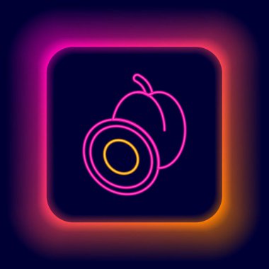 Parlayan neon hattı, siyah arkaplanda izole edilmiş erik meyvesi ikonu. Renkli taslak konsepti. Vektör