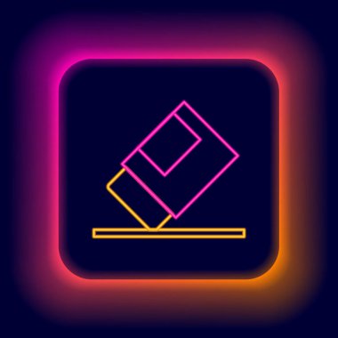 Parlayan neon çizgisi silgisi veya siyah arkaplanda izole edilmiş kauçuk simge. Renkli taslak konsepti. Vektör