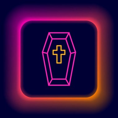 Parlak neon hattı Tabut ve Hıristiyan haç simgesi siyah arka planda izole edildi. Mutlu Cadılar Bayramı Partisi. Renkli taslak konsepti. Vektör