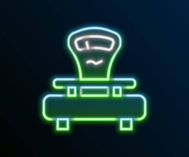 Parlayan neon çizgi Ölçekleme simgesi siyah arkaplanda izole edildi. Ağırlık ölçüm aletleri. Renkli taslak konsepti. Vektör