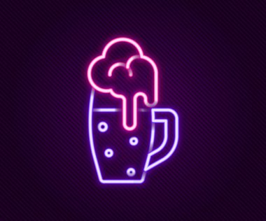 Parlayan neon çizgisi. Siyah arka planda izole edilmiş bira ikonu. Renkli taslak konsepti. Vektör