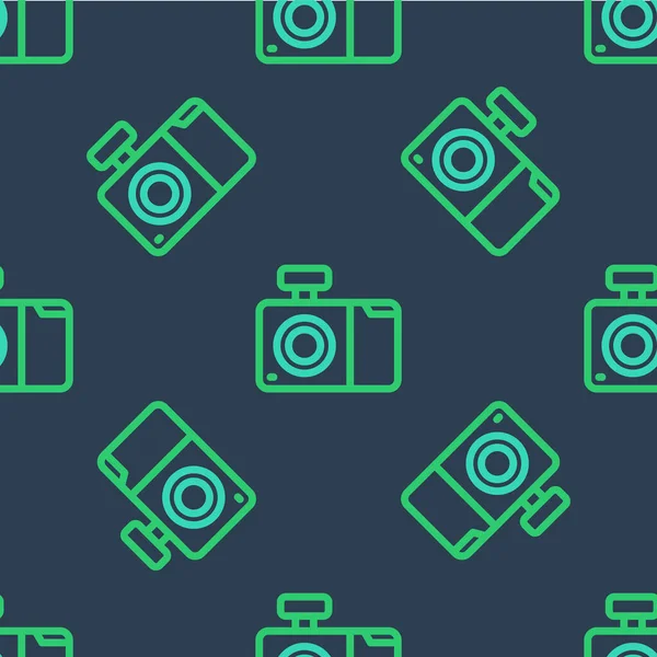 Line Photo kamera ikon elszigetelt zökkenőmentes minta kék háttér. Fényképezőgép ikon. Vektor — Stock Vector