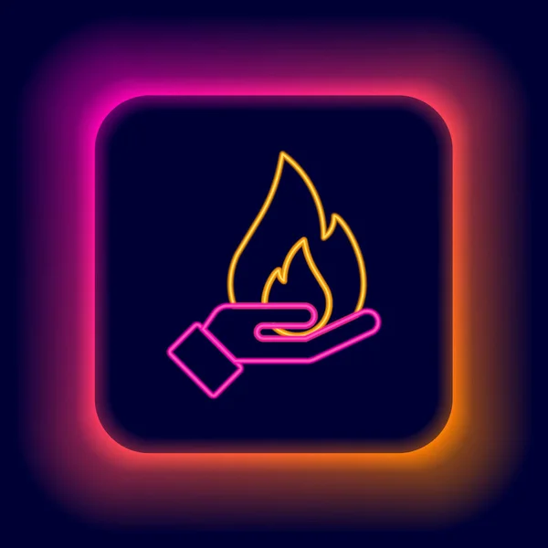 Glödande neon line Hand hålla en brand ikon isolerad på svart bakgrund. Försäkringskoncept Säkerhet, skydd, skydd, skyddskoncept. Färgstarkt skisskoncept. Vektor — Stock vektor