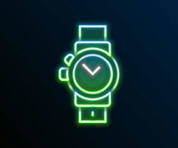 Brillante línea de neón icono del reloj de muñeca aislado sobre fondo negro. Icono del reloj de pulsera. Concepto de esquema colorido. Vector — Vector de stock