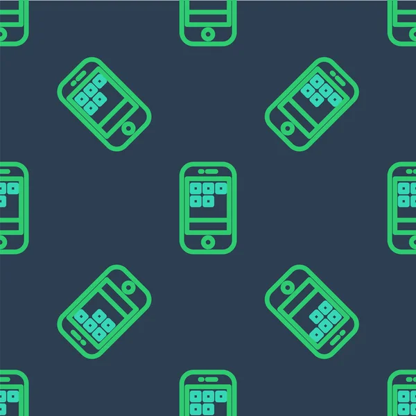 Line Smartphone, mobiltelefon ikon isolerad sömlös mönster på blå bakgrund. Vektor — Stock vektor