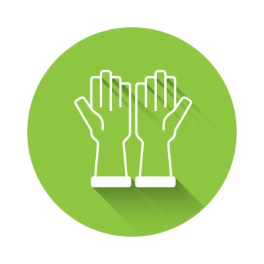 Uzun gölgeli beyaz lastik eldiven ikonu. Lateks el koruması işareti. Ev işi temizlik ekipmanları sembolü. Yeşil daire düğmesi. Vektör