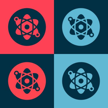 Pop Art Atom simgesi renk arkaplanında izole edildi. Bilimin, eğitimin, nükleer fiziğin, bilimsel araştırmaların sembolü. Vektör