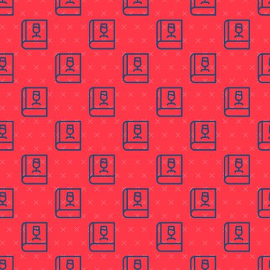 Şarap ikonu hakkındaki mavi çizgi kitabı kırmızı arka planda izole edilmiş kusursuz desen. Şarap kadehi ikonu. Şarap kadehi işareti. Vektör