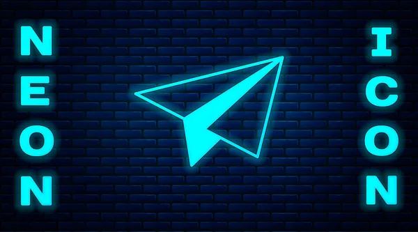 Glowing neon Paper airplane icon isolated on brick wall background. Vector — Stock Vector