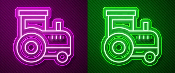 Leuchtende Leuchtschrift Traktor-Symbol isoliert auf lila und grünen Hintergrund. Vektor — Stockvektor