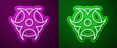 Parlayan neon hattı Biyolojik Tehlike sembolü simgesi mor ve yeşil arkaplanda izole edildi. Vektör