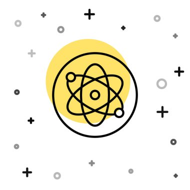 Siyah çizgi Atom simgesi beyaz arkaplanda izole edildi. Bilimin, eğitimin, nükleer fiziğin, bilimsel araştırmaların sembolü. Rastgele dinamik şekiller. Vektör