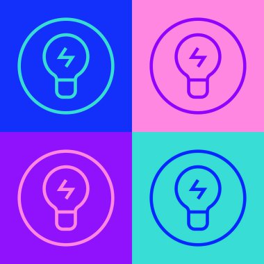 Renkli arka planda fikir ikonu kavramına sahip pop sanat çizgisi ampulü. Enerji ve fikir sembolü. İlham konsepti. Vektör