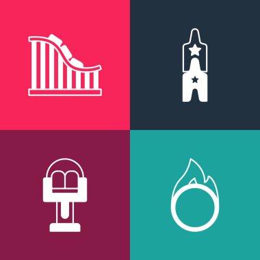 Pop Art Circus ateş çemberini, Cazibe atlıkarıncasını, bileti ve Roller Coaster ikonunu ayarla. Vektör