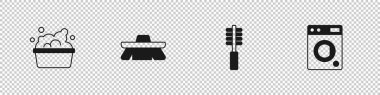 Sabun köpüklü leğen, temizlik fırçası, tuvalet fırçası ve çamaşır yıkama ikonu koyun. Vektör