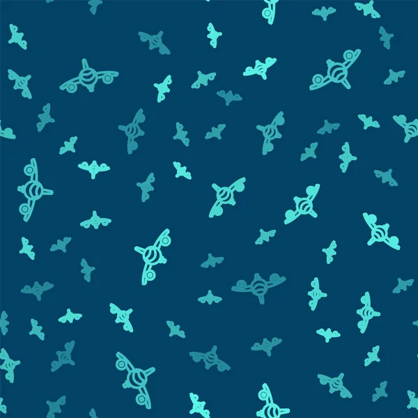 Grüne Linie Flugzeug-Symbol isoliert nahtlose Muster auf blauem Hintergrund. Fliegende Flugzeug-Ikone Verkehrszeichen. Vektor — Stockvektor