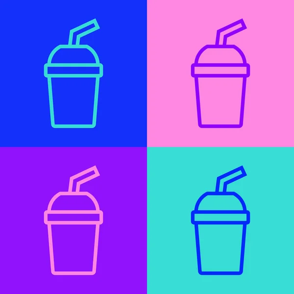 Pop art line Vidrio de papel con paja para beber e icono de agua aislado sobre fondo de color. Un vaso de refresco. Símbolo de bebida fría fresca. Vector — Vector de stock