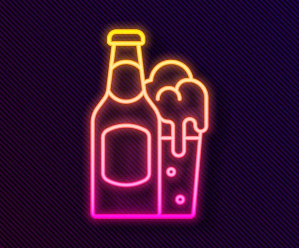 Leuchtende neonfarbene Bierflasche und Glassymbol isoliert auf schwarzem Hintergrund. Symbol für Alkoholkonsum. Vektor — Stockvektor