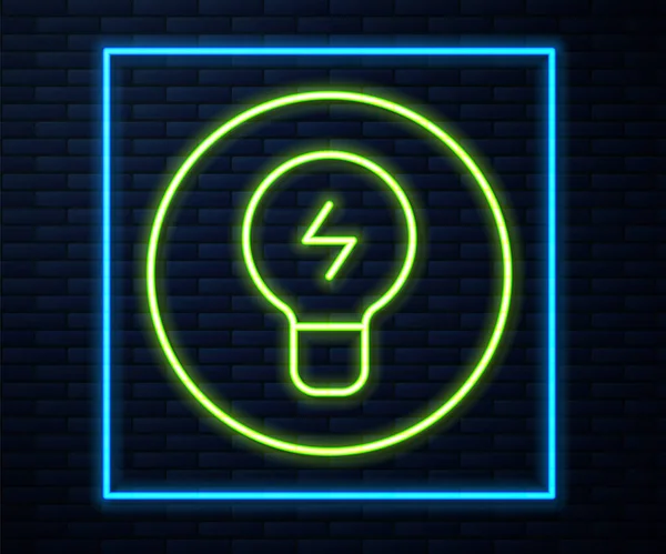 ネオンラインの輝きレンガの壁の背景に隔離されたアイコンの概念を持つ電球。エネルギーとアイデアのシンボル。インスピレーションの概念。ベクトル — ストックベクタ