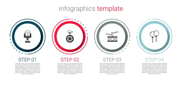 Definir carrossel de atração, Unicycle ou uma bicicleta de roda, tambor com bastões de tambor e fita de balões. Modelo de infográfico de negócios. Vetor — Vetor de Stock